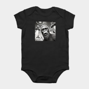 Sasquatch Bigfoot Selfie with Cats on Flying Saucers UFOs Baby Bodysuit